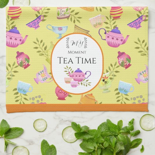 茶ポットとカップ黄色 キッチンタオル (折り畳み)