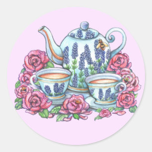 茶ポットとバラ ラウンドシール