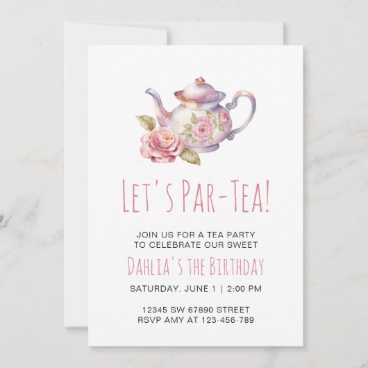 茶モダンパーティー誕生日プリンセス茶パーティー15日 招待状 (正面)