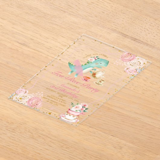 茶レックスツツパーティー恐竜ガールピンクの3番目の誕生日 アクリル招待状 (レイダウン)