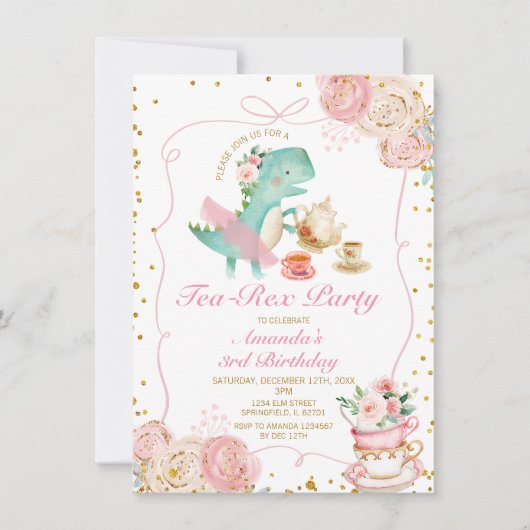 茶レックスツツパーティー恐竜ガールピンクの3番目の誕生日 招待状 (正面)