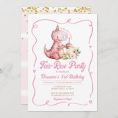 茶レックスパーティー恐竜3rd誕生日ピンクボウ 招待状 (正面/裏面)