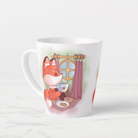 茶及びビスケットを有する水彩キツネ カフェラテマグ (左アングル)