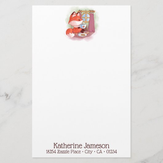 茶及びビスケットを有する水彩キツネ 便箋 (正面)