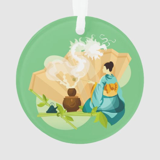 茶図解入りの、写真付きの日本の湯ドラゴン オーナメント (裏面)