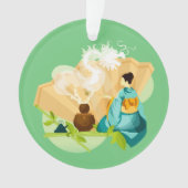 茶図解入りの、写真付きの日本の湯ドラゴン オーナメント (正面)