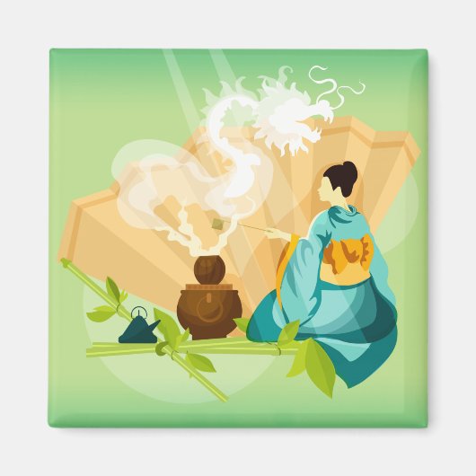 茶図解入りの、写真付きの日本の湯ドラゴン マグネット (正面)