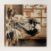 茶日本のの湯を楽しむ愛犬 ジグソーパズル (横)