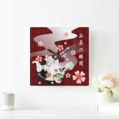 茶時計のためのManeki Nekoのティーポットの時間! スクエア壁時計 (ホーム)