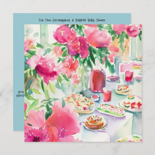 茶時間の贅沢:ティーガーデン、赤ちゃんシャワー 招待状 (正面/裏面)