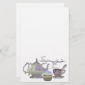 茶時間! 薄紫のティーポット、ティーカップおよびカップケーキの芸術 便箋 (正面/裏面)