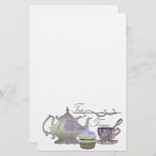 茶時間! 薄紫のティーポット、ティーカップおよびカップケーキの芸術 便箋 (正面/裏面)