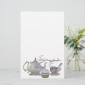 茶時間! 薄紫のティーポット、ティーカップおよびカップケーキの芸術 便箋 (スタンド正面)