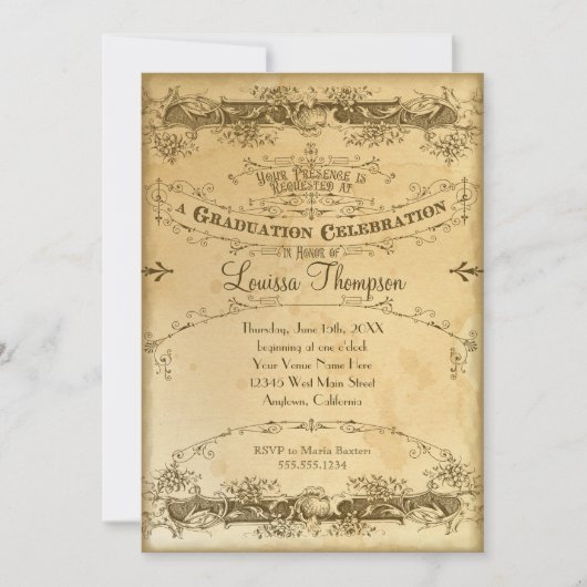 茶染色ヴィンテージ卒業お祝いアンティーク 招待状 (正面)