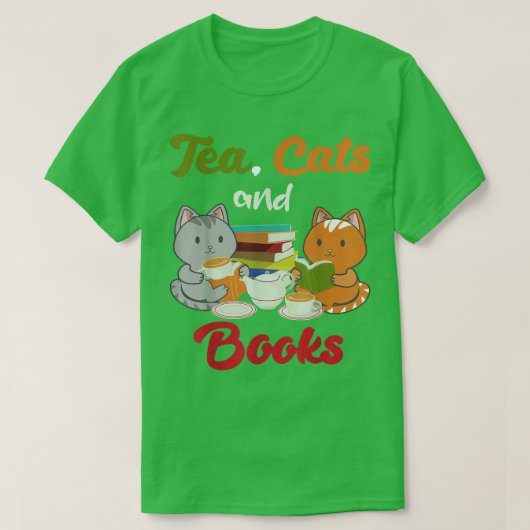 茶猫と本猫好きブックワーム茶飲み屋 Tシャツ (デザイン正面)