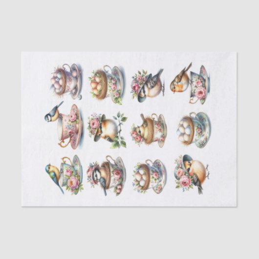 茶碗に座る帽子をかぶったかわいい鳥のセット 薄葉紙 (正面)