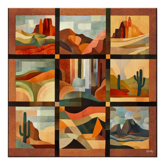 茶色い枠の砂漠のアートグリッド – 幾何学模様 ポスター (正面)