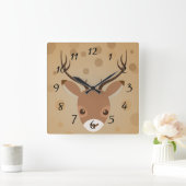 茶色い背景にトナカイイラストレーション スクエア壁時計 (ホーム)