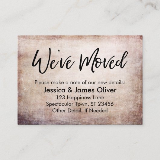 茶色い色合いの"引っ越しました"の手書きグランジ文字 名刺 (正面)