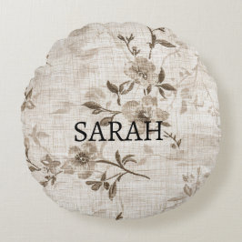 茶色い花柄の丸い枕 ラウンドクッション