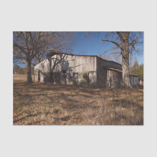 茶色い草の中の老朽化した薄茶色の納屋 薄葉紙 (正面)