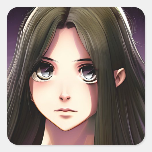 茶色い髪と青い目のかわいいアニメの少女 スクエアシール (正面)