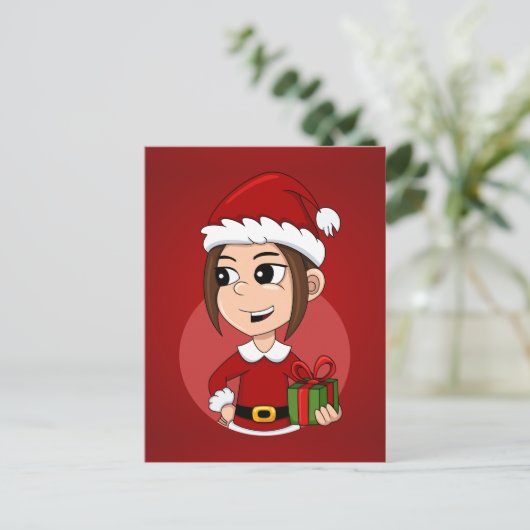 茶色い髪の可愛いクリスマスガール シーズンポストカード (スタンド正面)
