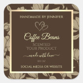 茶色および金ゴールドフローラ製品ラベル(ハート付き) スクエアシール (正面)
