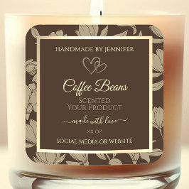 茶色および金ゴールドフローラ製品ラベル(ハート付き) スクエアシール