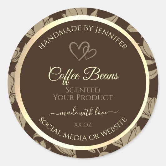 茶色および金ゴールドフローラ製品ラベル(ハート付き) ラウンドシール (正面)