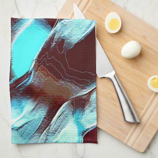 茶色からシアンのグラデーションで彫られた化石または金属 キッチンタオル (四つ折り)