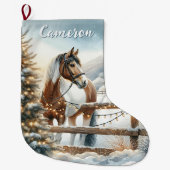 茶色かわいらしと白のパーソナライズされた馬 ラージクリスマスストッキング (正面)