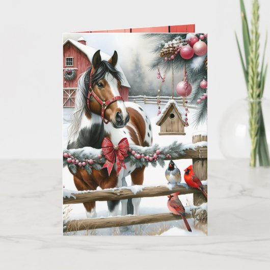茶色かわいらしと白の馬のファームク素朴リスマス シーズンカード (正面)