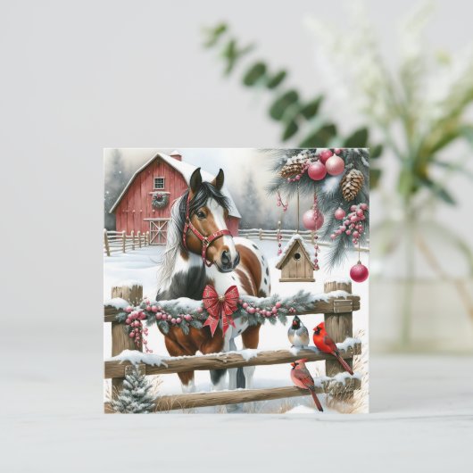 茶色かわいらしと白の馬のファームク素朴リスマス シーズンカード (スタンド正面)