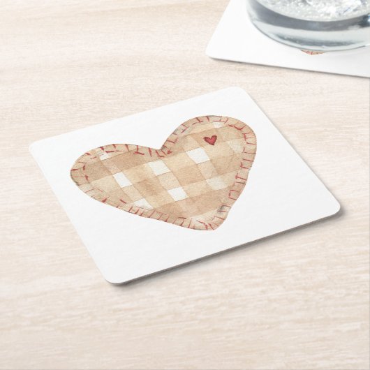 茶色かわいらしのハート形の素朴なモダンタータンチェック スクエアペーパーコースター (アングル)