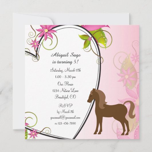 茶色かわいらしの馬、花とハート誕生日 招待状 (裏面)