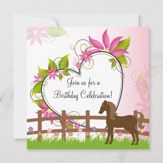 茶色かわいらしの馬、花とハート誕生日 招待状 (正面)