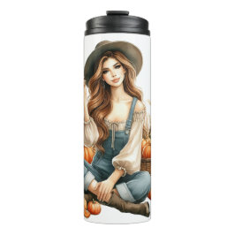 茶色かわいらしの髪と秋のカボチャを持つ女性 タンブラー