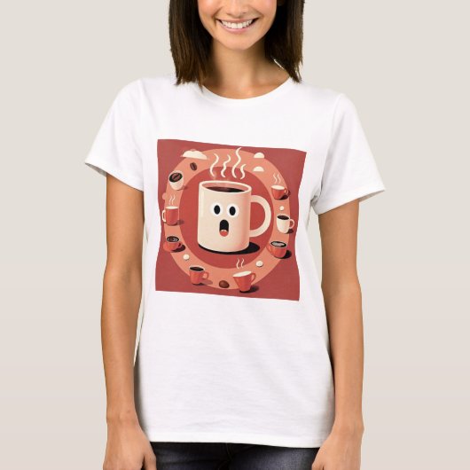 茶色がかったおもしろい可愛い漫画コーヒーカップ Tシャツ (正面)