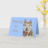 茶色とかわいらし白のハスキーのグリーティングカード カード (黄色い花)