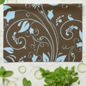 茶色とエレガント赤ちゃん青の花のパターン キッチンタオル (折り畳み)