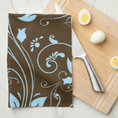 茶色とエレガント赤ちゃん青の花のパターン キッチンタオル (四つ折り)