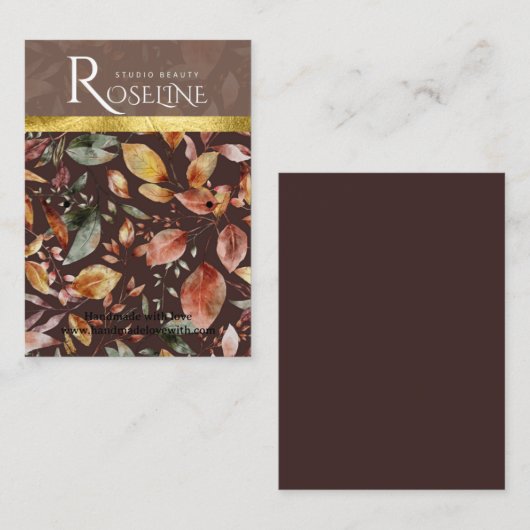 茶色とエレガント金ゴールドの花鳥カード表示 名刺 (正面/裏面)