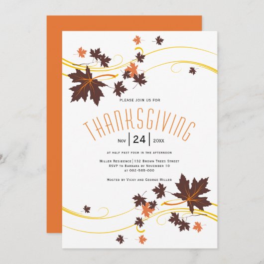 茶色とオレンジのカエデ葉の秋の感謝祭 招待状 (正面/裏面)