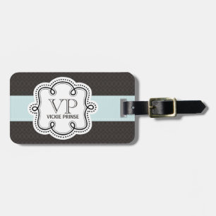 茶色とガーリー青の模様ドードルモノグラム ラゲッジタグ