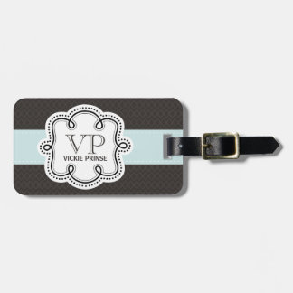 茶色とガーリー青の模様ドードルモノグラム ラゲッジタグ