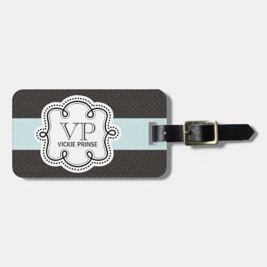 茶色とガーリー青の模様ドードルモノグラム ラゲッジタグ (正面横)