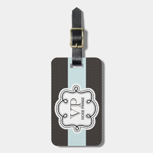 茶色とガーリー青の模様ドードルモノグラム ラゲッジタグ (正面縦)