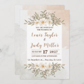 茶色とクリームフローラの結婚水色 招待状 (正面/裏面)
