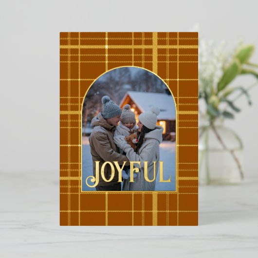 茶色とゴールドのギンガム柄のクリスマスホリデー写真 箔シーズンカード (立ち正面)